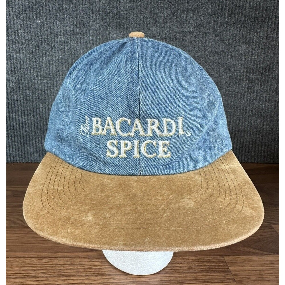 Vintage Bacardi Spice Rum Hat Cap Adjustable Denim Tan Suede Embroidered